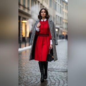Chinti & Parker Cashmere + wool blend red and navy piping dress
